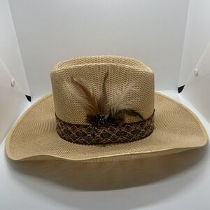 Mesquite Men's Size 7 1/4 Straw Cowboy Hat Tan With Feathers